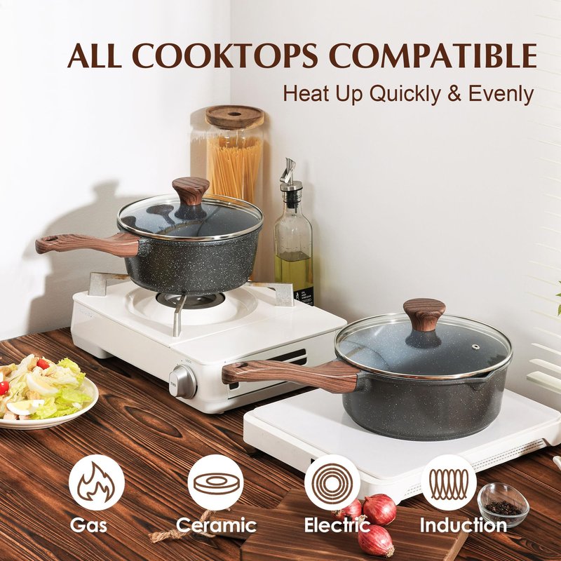 SENSARTE Nonstick Sauce Pan with Lid Saucepan Set, Swiss Granite Coating Sauce Pot Kitchen Cooking Pot, Induction Comptable, Free of Intentionally Added PFOA, 1.5 + 2.5 QT