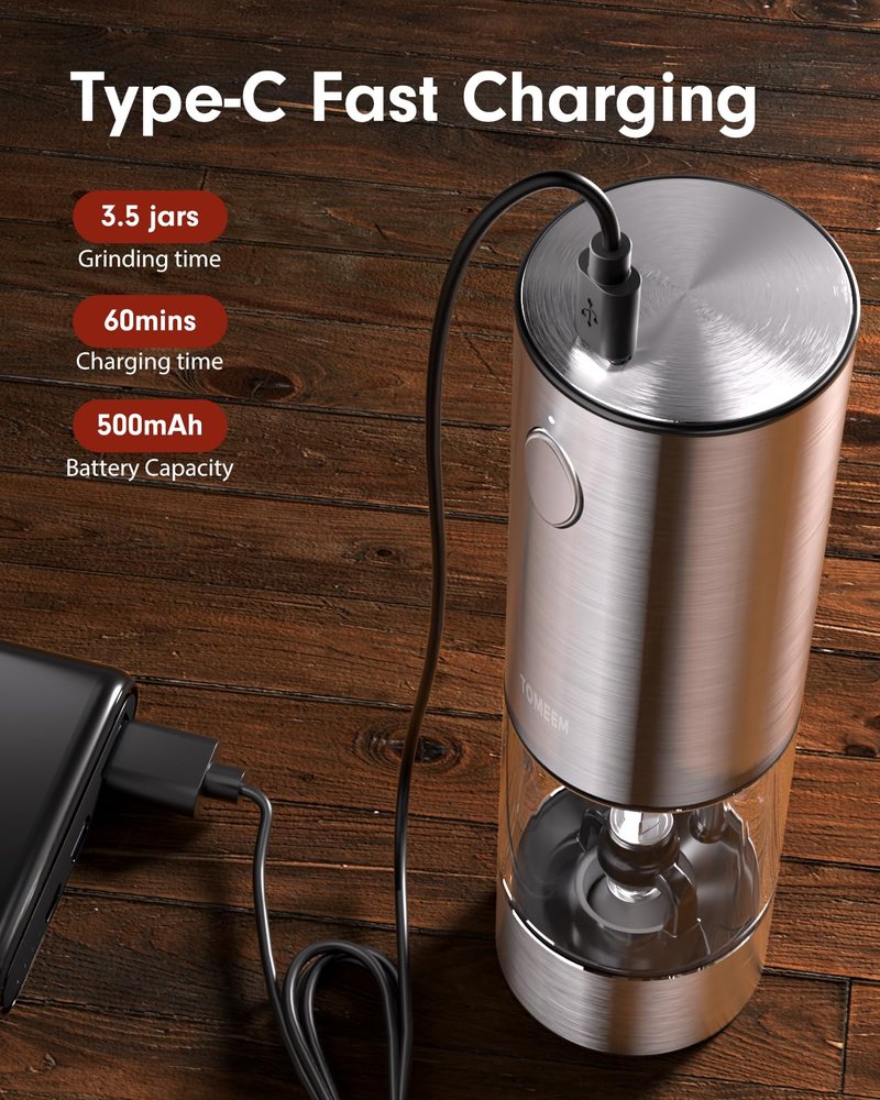 TOMEEM Upgraded Larger Capacity Electric Salt and Pepper Grinder Set Rechargeable with LED lights, Stainless Steel Automatic Pepper and Salt Grinder Refillable with 5 Adjustable Coarseness