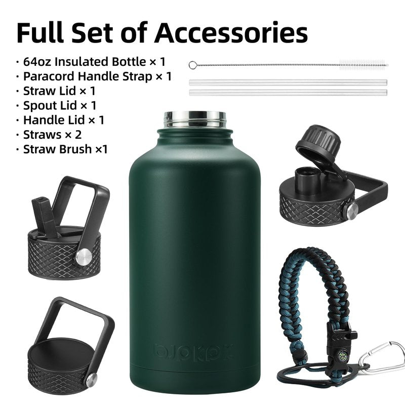 BJPKPK Half Gallon Insulated Water Bottles with Straw Lid, 64oz Large Water Jug, Stainless Steel Bottles with 3 Lids and Paracord Handle, Thermo for Hot & Cold Liquid, Army Green