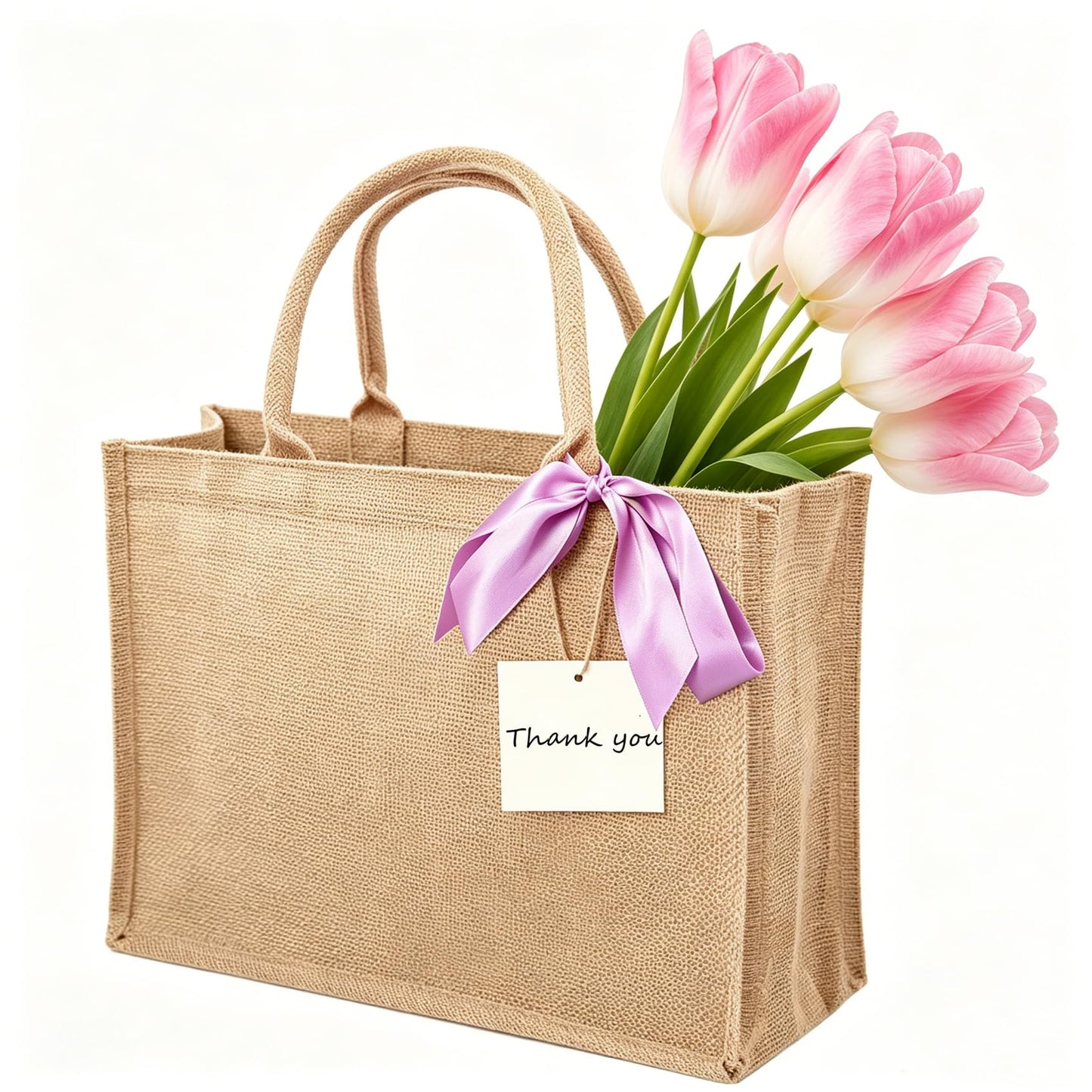 LyyGuanYoo 6 Pack Jute Tote Bag Reusable, Burlap Beach Bags with Sturdy Rounded Handles, Sturdy Base Gym Shopping Travel Bag for Easter Women, Mom, Teachers, Friends, Bridesmaids, 15.4''x12.2''x5.9''