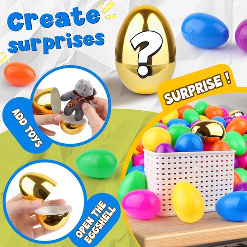 FLYSNK 50 Pack 3 Inch Large Easter Eggs Bulk Include 6 Surprise Golden Eggs, Bright Colors Fillable Plastic Easter Egg Empty for Easter Hunt, Easter Basket Stuffers Fillers Party Favors