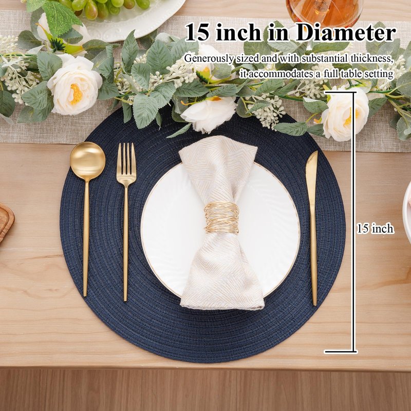 SHACOS Round Placemats Set of 8 Washable 15 inch Round Table Mats Cotton Polyester Woven Braided Place Mats for Dining Table, Navy