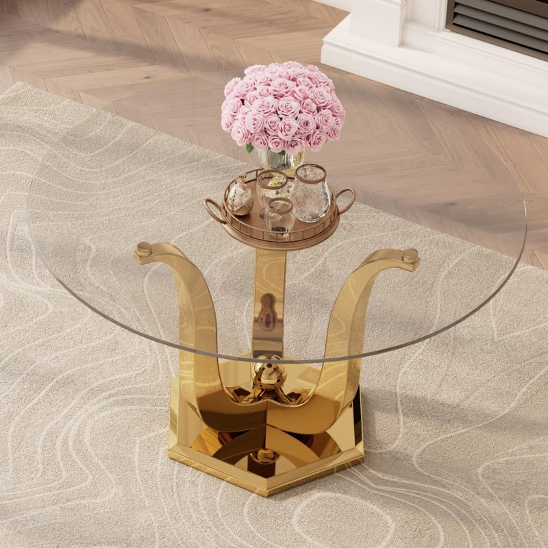 47.2" Round Glass Dining Table for 4-6, Modern Dining Room Table with Circular Tempered Glass Tabletop, Kitchen Table with Stainless Steel Frame for Dining Room, Kitchen, Apartment, Dwelling (Golden)