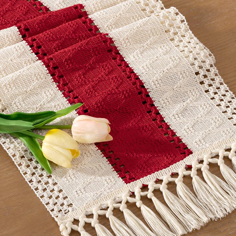 Socomi Boho Table Runner Easter Spring Farmhouse Rustic Dining Kitchen Centerpiece Decor Small Macrame Woven Cotton Linen Coffee Table Runner for Dresser Scarf Home Decor 12x48 in Red Ivory