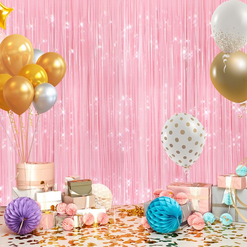 2Pack Pastel Pink Metallic Tinsel Foil Fringe Curtains, Pink Backdrop, Door Streamers Photo Booth Backdrop for Birthday Party, Tinsel Curtain Backdrop for Shower Bachelorette Xmas Party Decorations