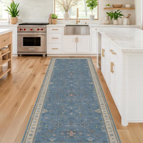 Boho 2'6" x 10' Wide Runner Rug - Light Blue Washable Non-Slip Entryway Rug for Hallway Décor