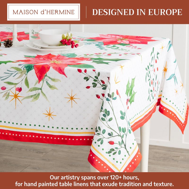 Maison d' Hermine Table Cloth Rectangle Table 100% Cotton 60 x 120 Inches Fall Tablecloth Reusable Everyday Use for Thanksgiving Christmas Decorations Dining Farmhouse Party (Poinsettia Christmas)