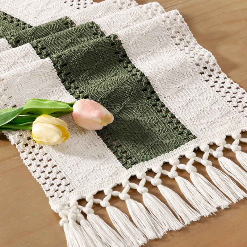 Socomi Boho Table Runner Summer Farmhouse Rustic Dining Kitchen Centerpiece Decor Small Macrame Woven Cotton Linen Coffee Table Runner for Dresser Scarf Home Decor 12x60 inch Olive Green