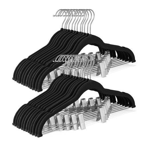 HOUSE DAY Velvet Skirt Hangers 24 Pack, Black Velvet Pant Hangers with Adjustable Clips, Space Saving Slim Shorts Hanger, Heavy Duty Non Slip Clip Hanger for Pants, Skirts, Shorts
