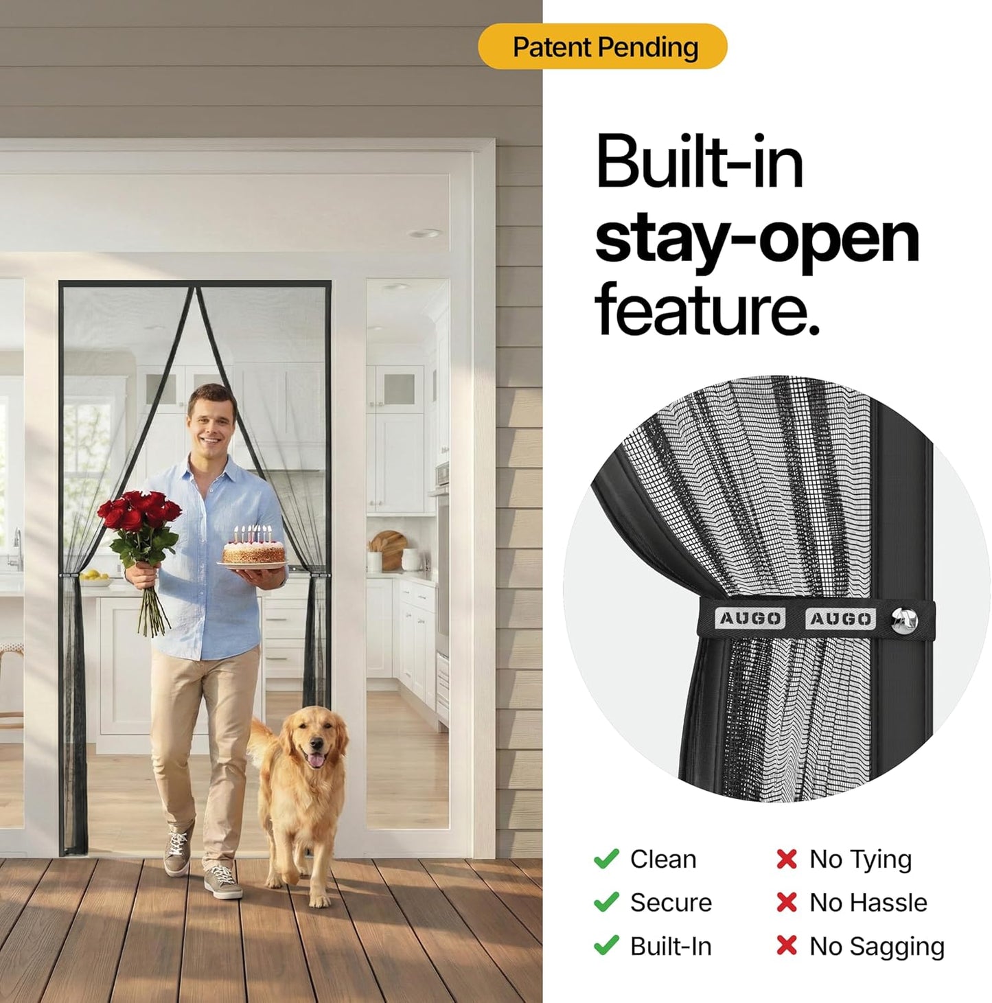 AUGO Magnetic Screen Door - Heavy Duty, Self-Sealing Mesh Keeps Bugs Out - 38" x 83" - Pet & Kid Friendly