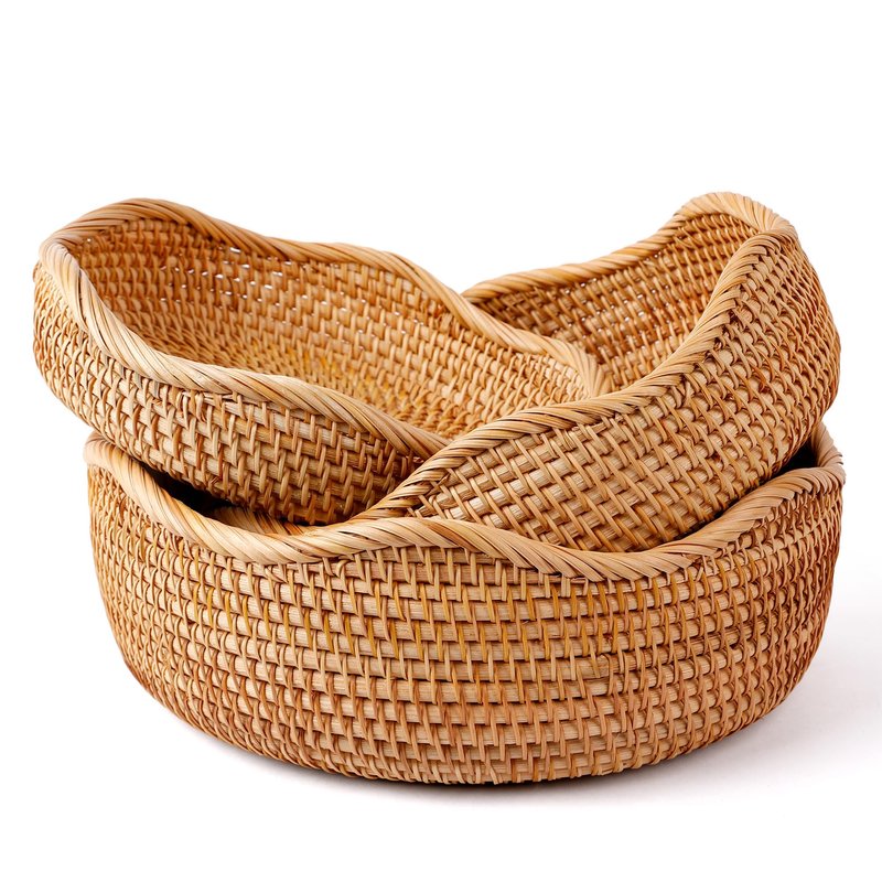 Rattan Woven Fruit Basket, Natural Round Bread Basket, Decorative Fruit Bowl for Kitchen Counter, Kitchen Storage Baskets for Vegetables, Eggs,Snacks