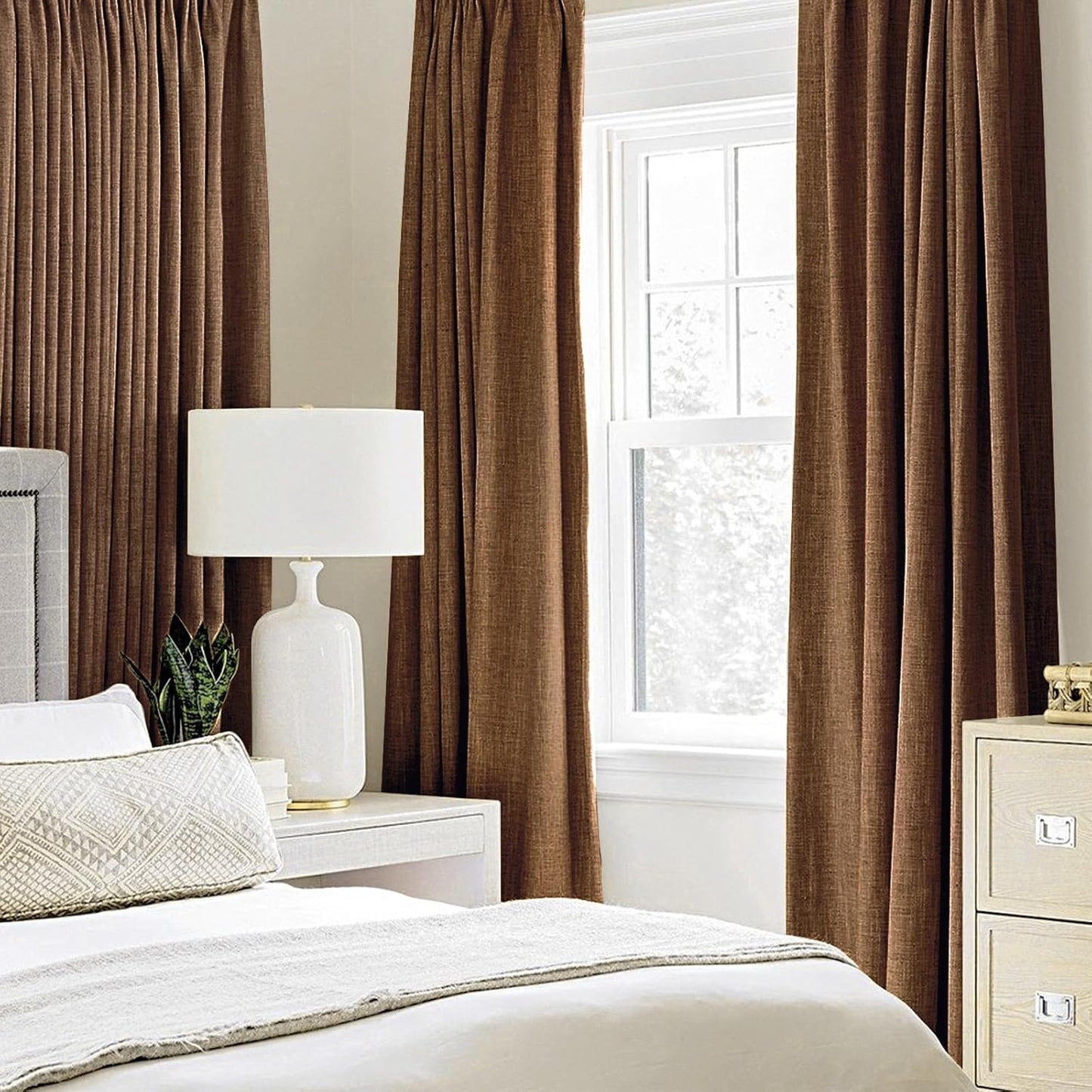 MIULEE Blackout Linen Curtains - Thermal Insulated Room Darkening Drapes | Brown, 52 x 54 Inch (2 Panels)