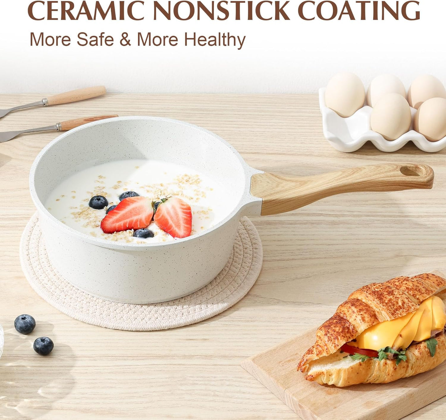 SENSARTE White Ceramic Nonstick Saucepan Set - Induction Compatible Cooking Pots with Stay Cool Handles | 2.0QT & 2.5QT