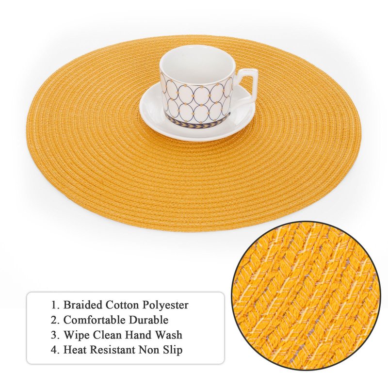 SHACOS 15 inch Round Braided Placemats Set of 6 Non Slip Washable Kitchen Table Place Mats Cotton Polyester Heat Resistant Table Mats for Home Wedding Dinner Party Table Decor, Mustard Yellow