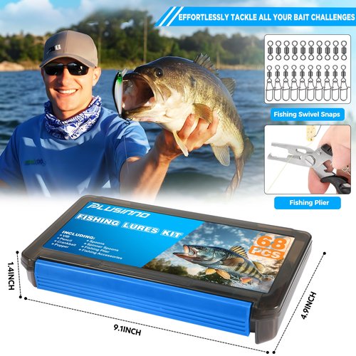 PLUSINNO Fishing Lures Tackle Box Gifts for Men, Bass, Trout Fishing Gear for Saltwater & Freshwater Including Topwater Lures, Hooks, Spinnerbaits
