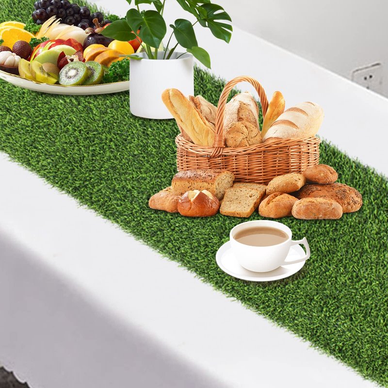 Kesfey Grass Table Runner 12 x 108 Inch Artificial Grass Carpet Rug Green Synthetic Table Runners Thickly Fake Grass Table Runner for Family Christmas Tabletop Decor Golf Party Decorations Baby Shower