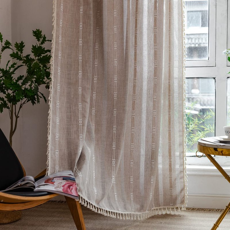 Linen Curtains 108 Inches Long for Living Room 2 Panels Set, Embroidery Farmhouse Tassel Boho for Bedroom Light Filtering Window Rod Pocket Drapes (52" W x 108" L, Khaki)