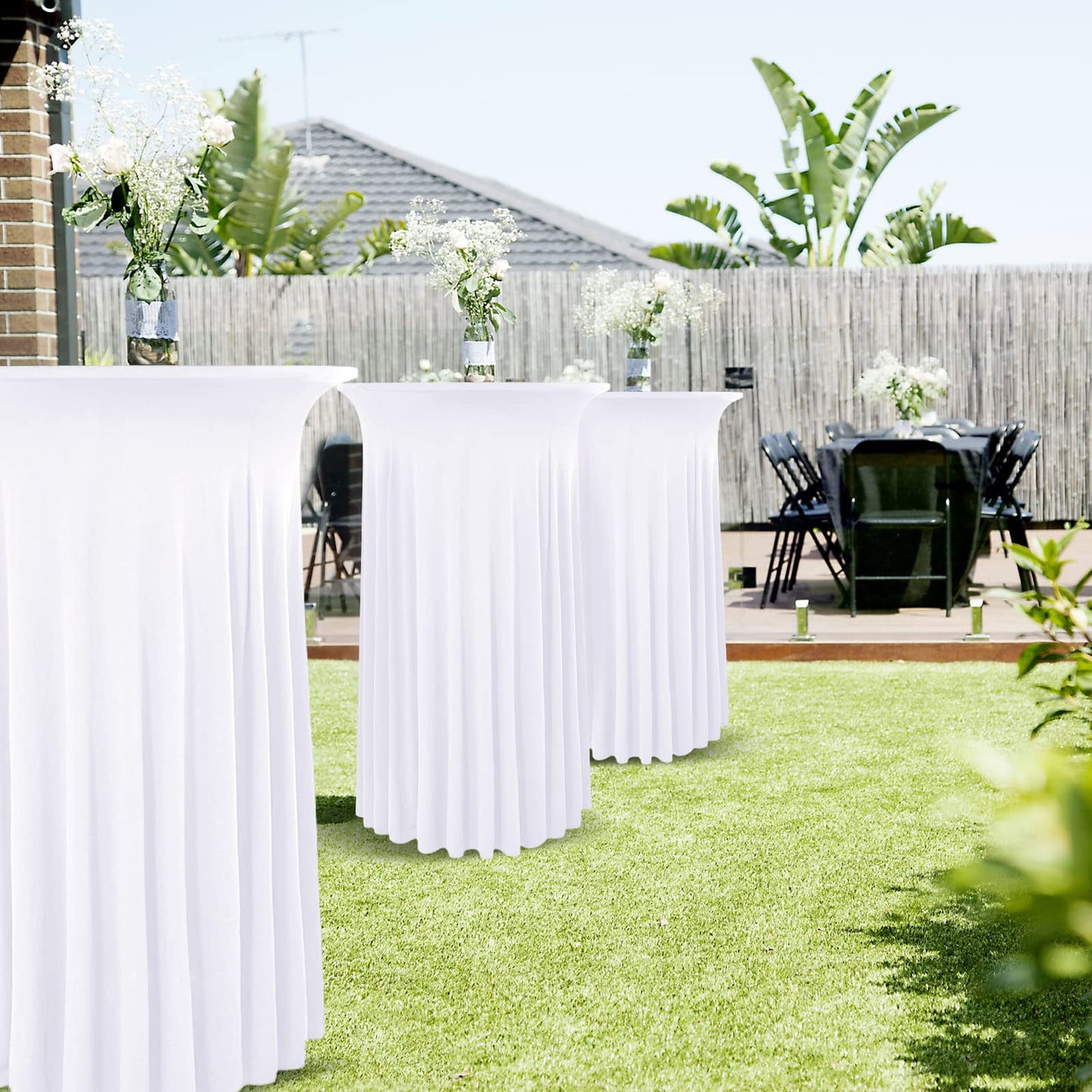 REWOMC 6 Packs Round Cocktail Table Skirt 24"x 43" Spandex Stretch Cocktail Tablecloth with Wavy Drapes, White Spandex Fitted High Top Table Covers for Wedding Bar Party Birthday Banquet Tables