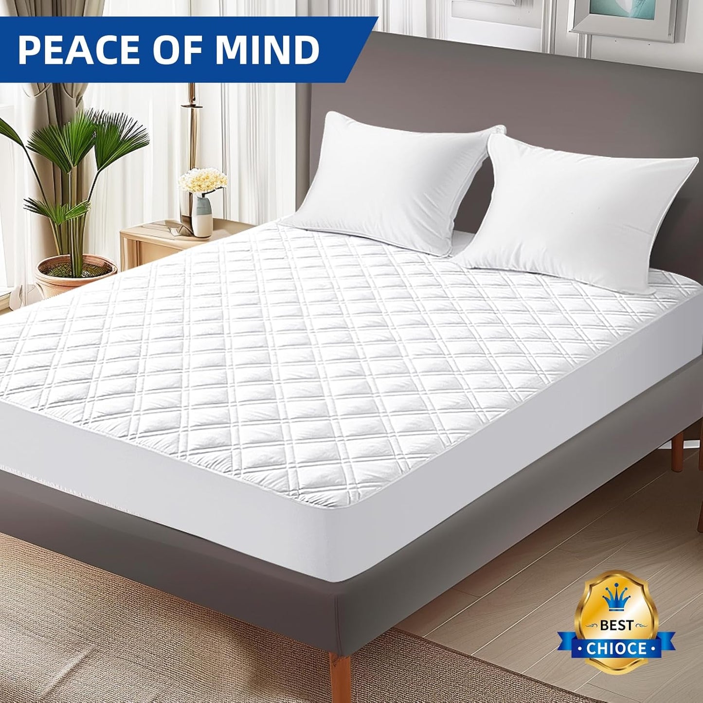 MEELUS Padded Queen Mattress Protector - Breathable Waterproof Cover with Deep Pockets | Soft, Noiseless, Washable, White