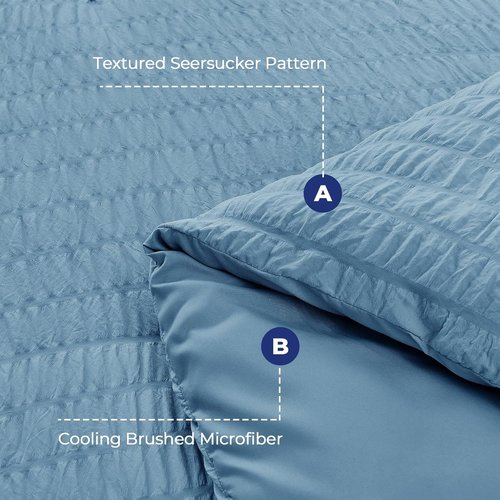 HYMOKEGE Queen Comforter Set - 7-Piece Mineral Blue Seersucker Luxury Bedding | All-Season Bed in a Bag