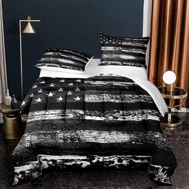 kxry Black and White USA American Flag Comforter Set Queen Size for Boys Kids Teens Dirty US Stars Stripes Flags Bedding Quilt 1 Comforter + 2 Pillow Cases
