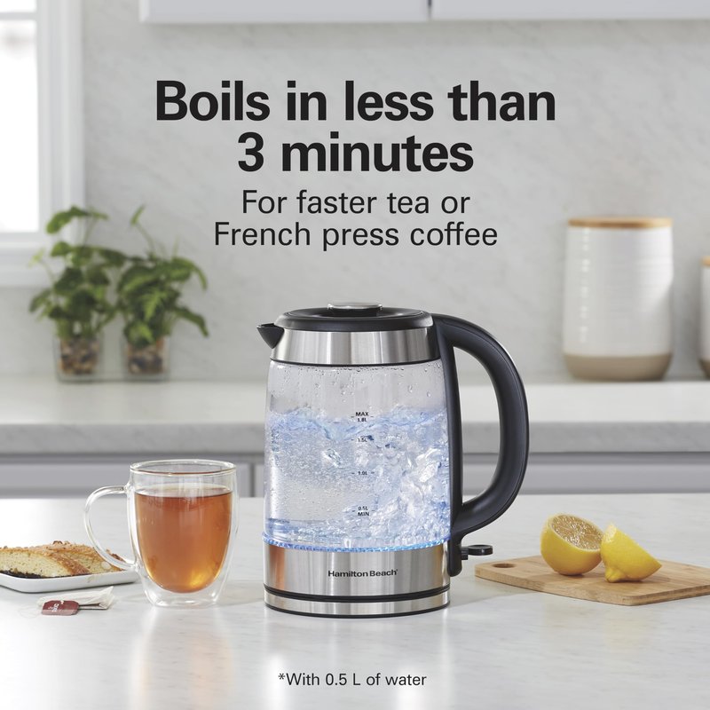 Hamilton Beach Electric Tea Kettle, Water Boiler & Heater, 1.8 Liter, Cordless Serving, 1500 Watts for Fast Boiling, Auto-Shutoff and Boil-Dry Protection, Easy-View Glass (40853C)