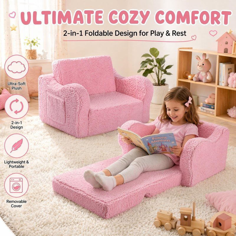 MOMCAYWEX Kids Sofa, 2-in-1 Flip-Out Foam Couch with Soft Sherpa Cover, Cozy Play Lounge Chair, Pink