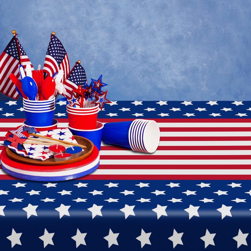 6 PACK 4th of July Decorations, 108" X 54" 250th Anniversary Patriotic Plastic Table Cover, Disposable Water Proof Fourth of July Tablecloths, Red White Blue USA Decor Memorial Day Party Supplies