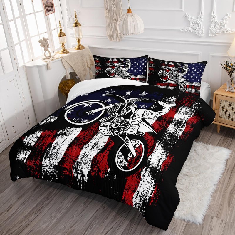 Axolotl Dirt Bike Comforter Set Twin, American Flag Bedding Set, Motocross Comforter,White Red Stripes Stars Bedding, Motorcycle Racer Quilt for Boys Kids Teens Men, 1 Dirt Bike Quilt 2 Pillowcases