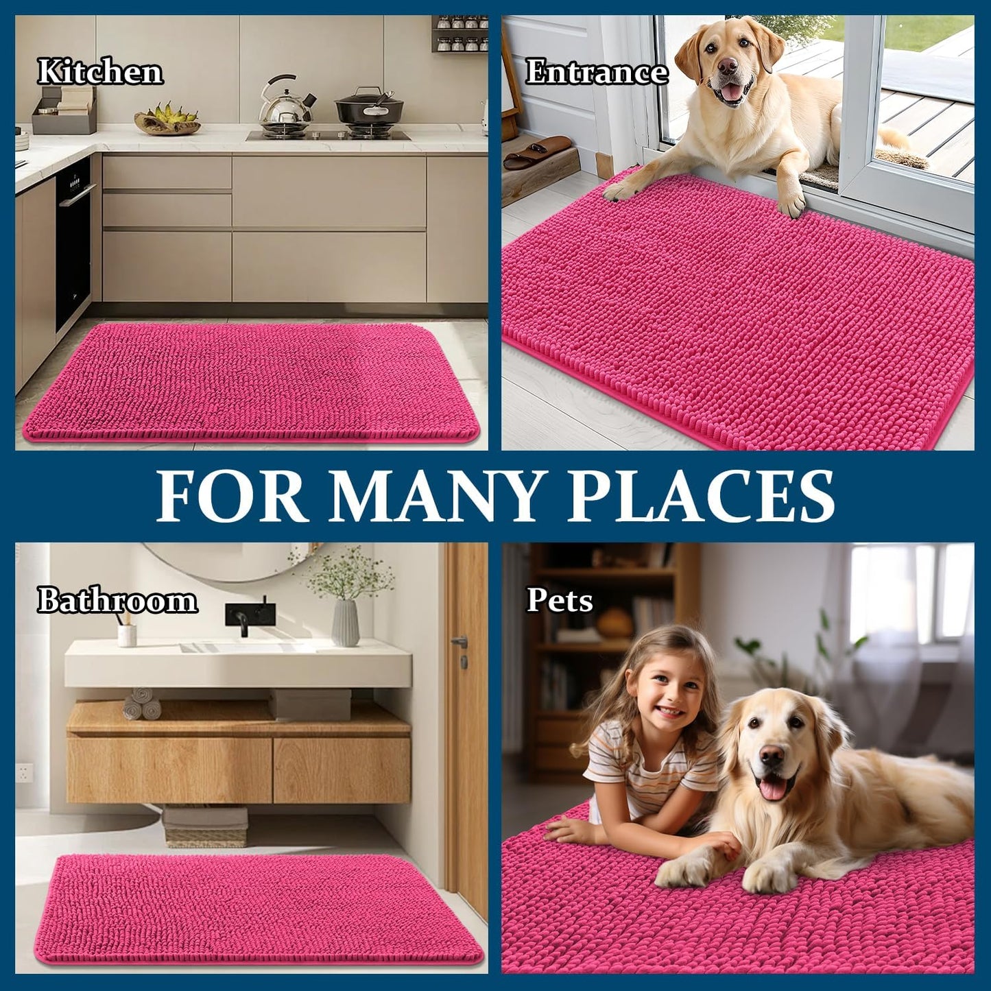 OLANLY Dog Door Mat - Absorbent Non-Slip Washable Doormat for Muddy Paws | 34x21 Hot Pink