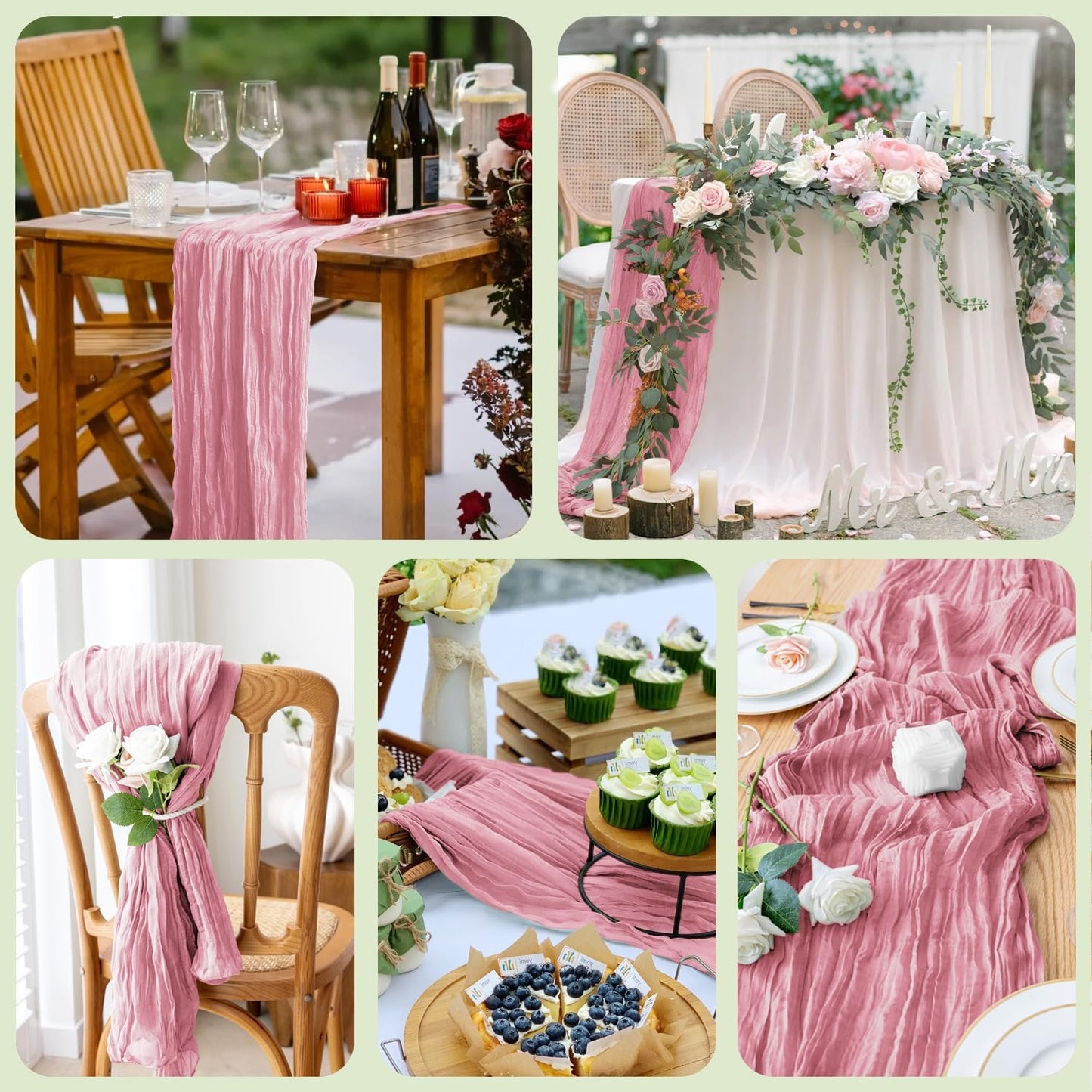 Wokceer Cheesecloth Table Runner - 10FT Pink Boho Gauze for Rustic Party & Wedding Decor | 6-Pack