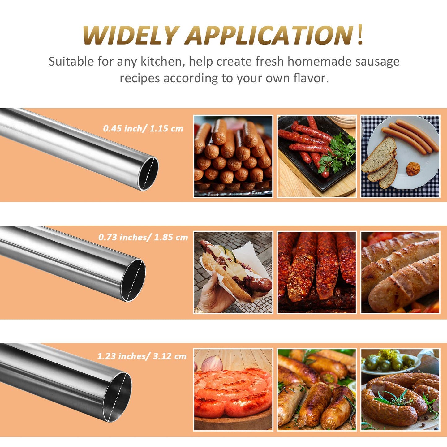 3 Pieces Sausage Stuffer Tubes Stainless Steel Grinder Stuffer Tubes for Size 5 Meat Food Grinder, 3 Sizes