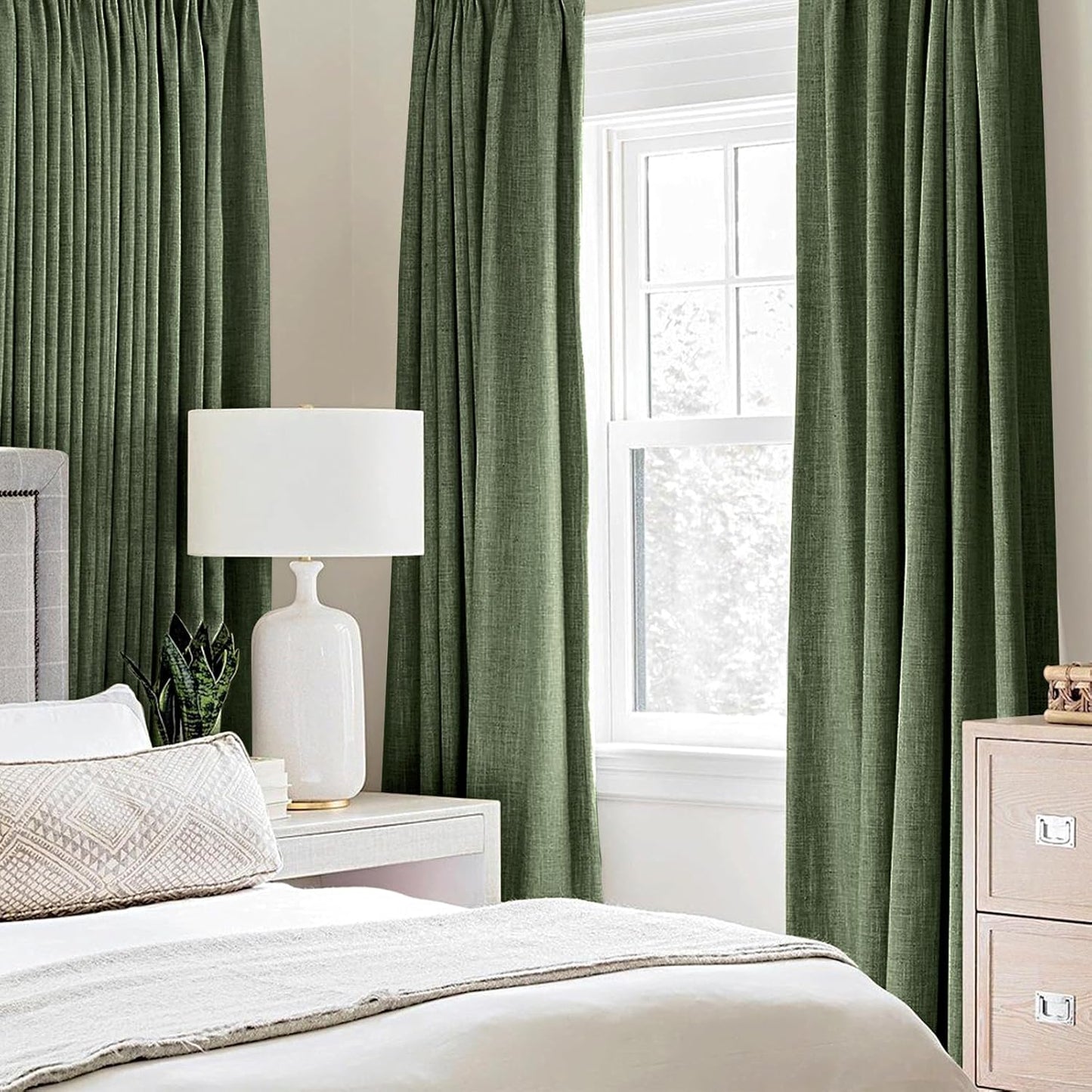 MIULEE 100% Blackout Linen Textured Curtains - Olive Green Thermal Insulated Drapes | 42 x 84 Inch (2 Panels)