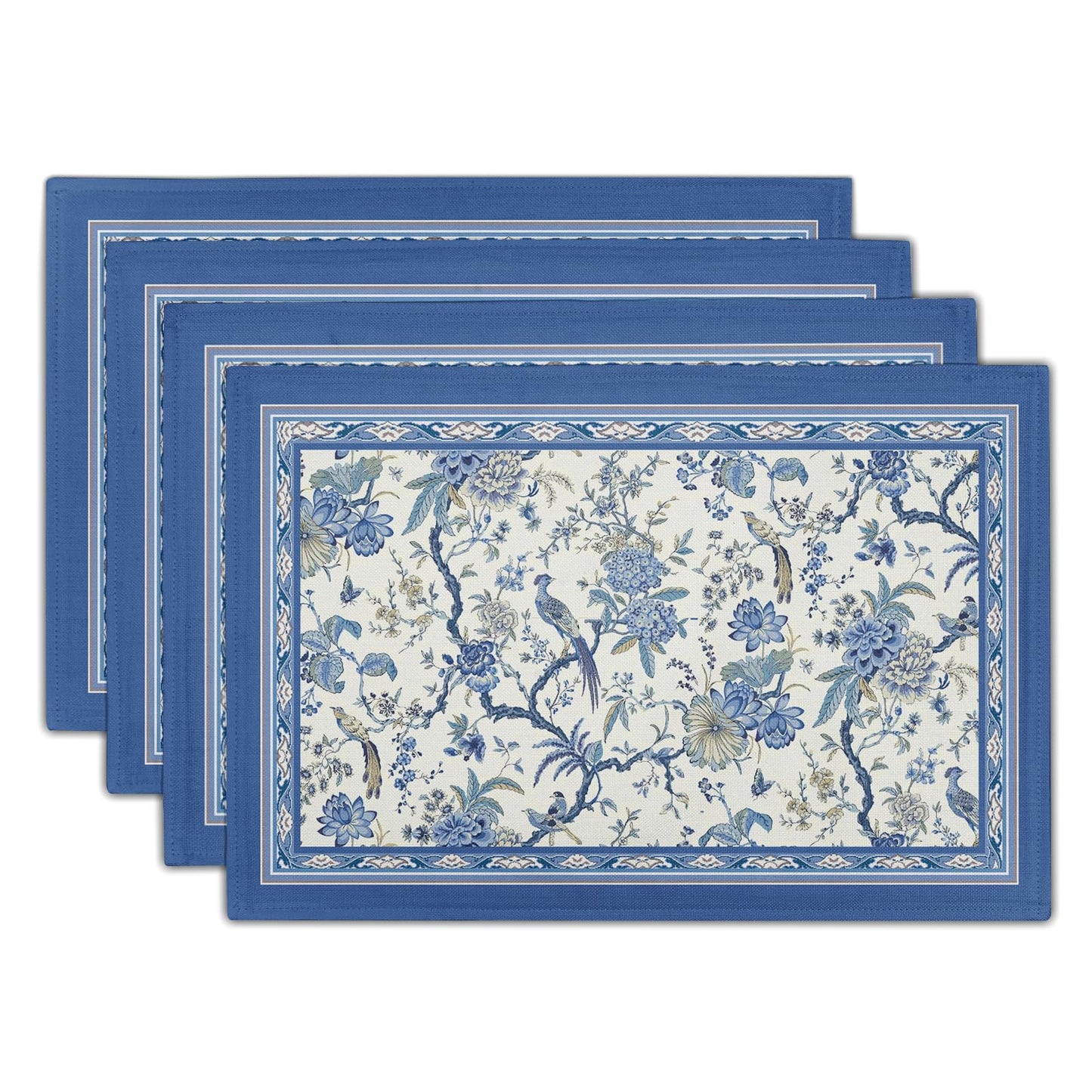 Giwawa 4PCs Chinoiserie Placemats Blue White Floral Birds Decorative Linen Table Mat 12"x18" Oriental Style Classic Flowers Heat Resistant Washable Place Mats for Kitchen Dining Party