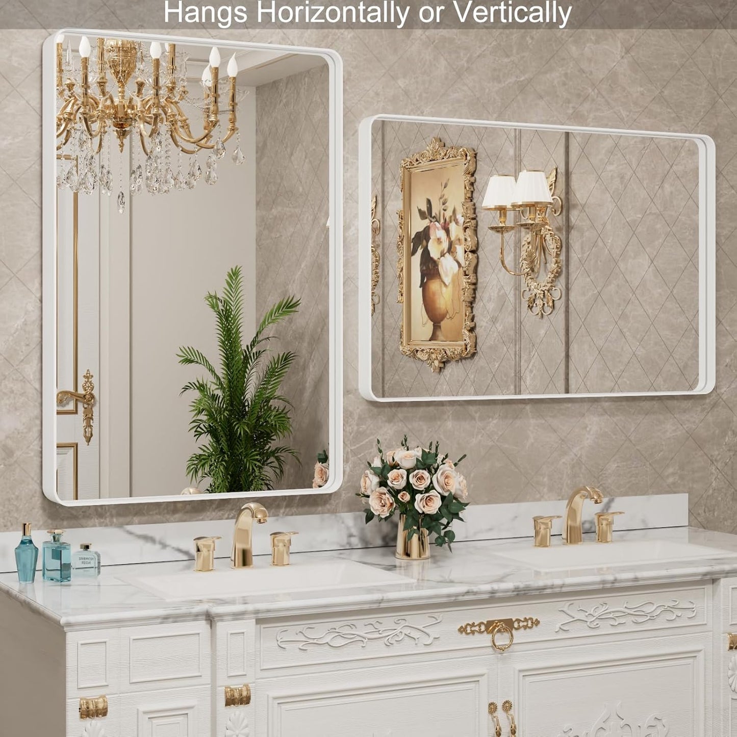 LOAAO Bathroom Mirror - 30x36 Inch White Metal Framed Vanity Mirror | Large Rounded Rectangle, Anti-Rust Tempered Glass, Versatile Hanging Options