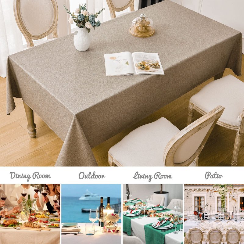 Veblandy Rectangle Tablecloth Linen Textured Waterproof & Stain Resistant Table Cloth Wrinkle Free Decorative Fabric Farmhouse Table Cover for Dining/Party/Buffet/Wedding, 60 x 144 Inch, Mocha