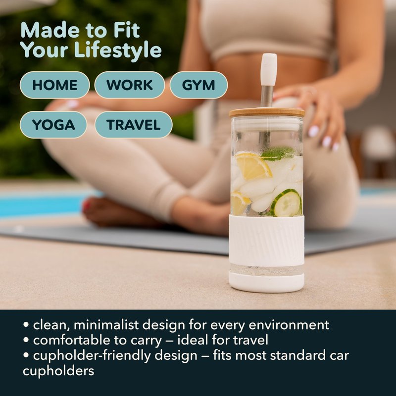 Pandaloo® Glass Cups With Lids and Straws -20 Fl Oz- Perfect Size Iced Coffee Cup - Smoothie Cup With Bamboo Lid and On the go Lid - Glass Tumbler (2 Count (Pack of 1), Lilac-Creamy Mushroom)