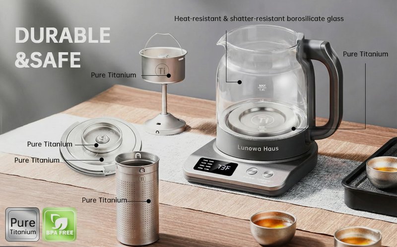 Lunowa Haus 120V Titanium & Glass Electric Tea Kettle, Pro Steam Extraction for All Teas (Green, Black, Oolong), 11 Temp & 10 Strength Levels, 1.2L, 12H Keep Warm, BPA-Free, 2 Infusers