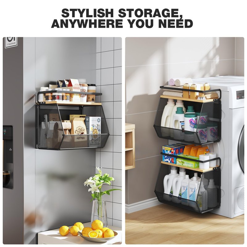 Magnetic Shelf for Fridge with Wide & Thick Magnet, 1 Pack Refrigerator Organizer Basket with Bamboo Top, Storage for Fruit, Potato, Onion, Kitchen, Pantry, Laundry (Black, 13.8" x 6.8" x 11.8")