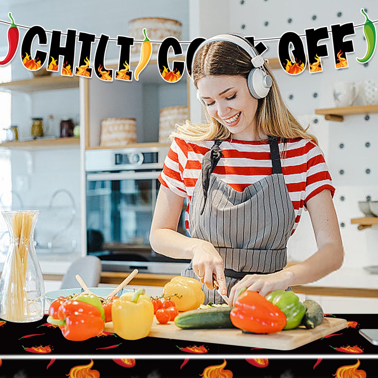 Iceyyyy 4 Pcs Black Chili Cook Off Table Decorations Set-108" x 54" Chilis Peppers Flame Table Covers 33 Ft Cooking Chili Contest Banner-Disposable Chilis Peppers Party Decorations for Party Supplies