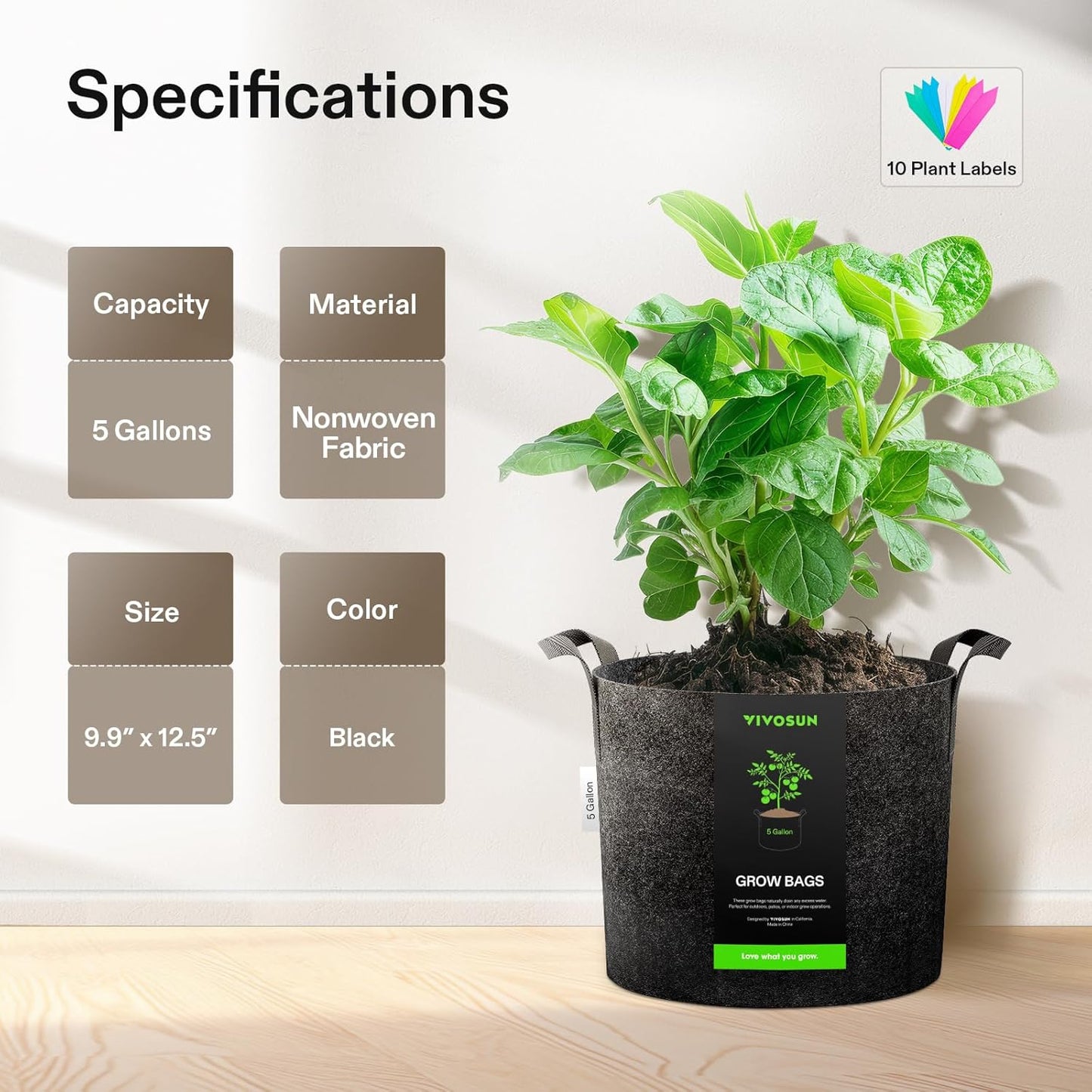 VIVOSUN 20-Pack Heavy Duty 5 Gallon Grow Bags - Thickened Nonwoven Fabric Pots with Handles | Black