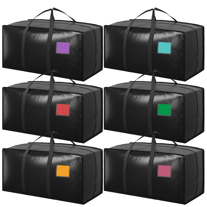 RMOHRO 6 Pack Moving Bags with Full-Open Side Zipper, Extra Large 93L Heavy Duty Waterproof Foldable Storage Totes for College Dorm, Moving & Home Organization Black