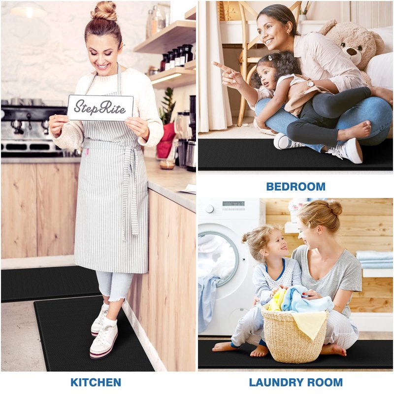 StepRite Kitchen Mats, 2PCS Kitchen Rugs, Cushioned Anti Fatigue Kitchen Mats for Floor, Non-Slip Standing Desk Mat, Waterproof Kitchen Rug Set for Kitchen, 20" x 32"+20" x 71"-0.4 inch Thick, Black