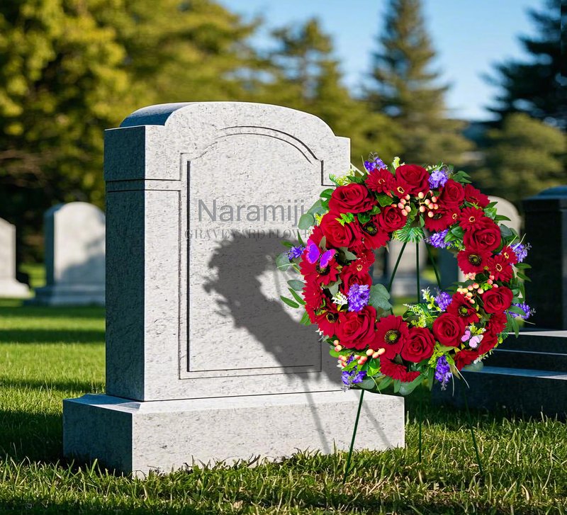 Naramiji Cemetery Wreath for Grave, Red Roses Memorial Wreath with 30 Inch Easeal Stand, Fade-Resistant