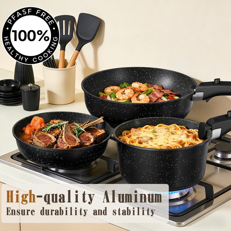 Umite Chef 21Pcs Pots and Pans Set Non Stick, Nonstick Cookware Sets Detachable Handle, Non Toxic Induction RV Kitchen Cooking Set, Dishwasher/Oven Safe, Fridge Safe, Space Saving(Black)