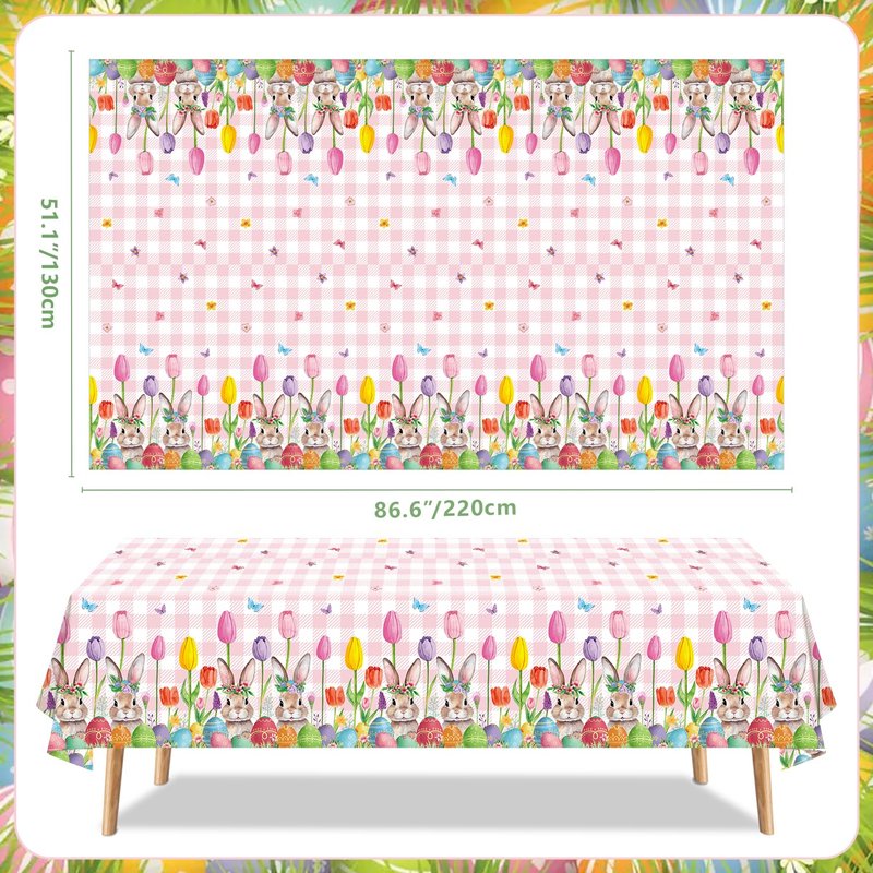 TJYJOY 4 Pack Easter Tablecloth Spring Tulip Buffalo Bunny Table Cloth Disposable Rectangle Table Covers Easter Decorations for Picnic Spring Birthday Party Supplies 51 x 86in