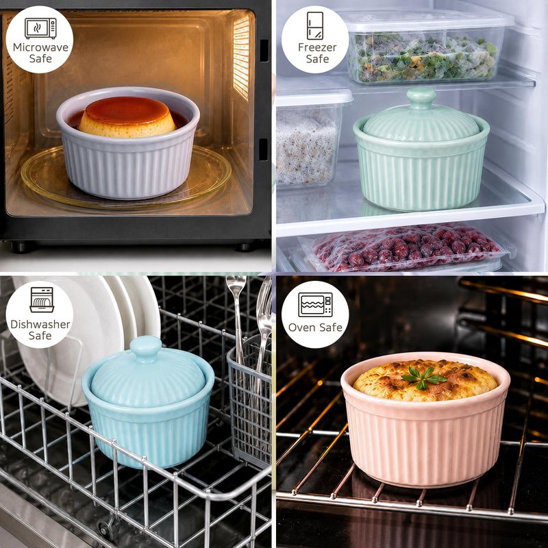 Meltset 5.5 Oz Ramekins with Lids Oven Safe Ceramics Ramekin Bowls for Baking, Porcelain Bake Dishes for Souffle, Creme Brulee, Lava Cake, Ice Cream Desserts, Snacks (Set of 5）