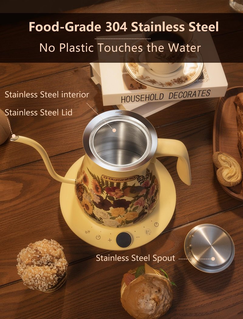 Olumaramio 0.8L/27oz Gooseneck Electric Kettle - ±1℉ Precise Temperature Control for Pour Over Coffee & Tea, 1200W Fast Heating, Auto Shut-Off, Built-in Brew Timer, BPA-Free Stainless Steel, Floral
