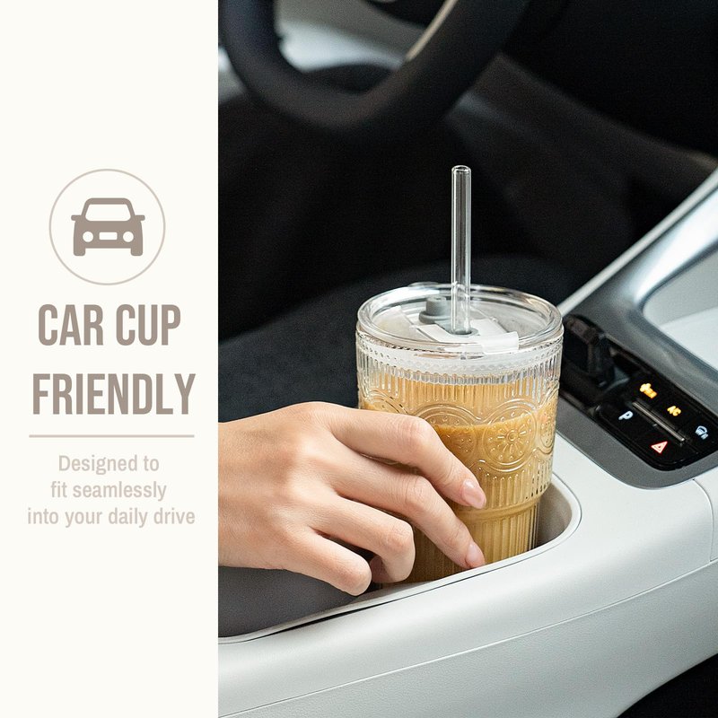 SoulTimes 20oz Ribbed & Floral Glass Tumbler Set of 2 – Reusable Glass Cups with Lid and Glass Straw, Iced Coffee Cups for Water, Smoothie, Milk, Cocktail & More – Perfect for Daily Use & Travel
