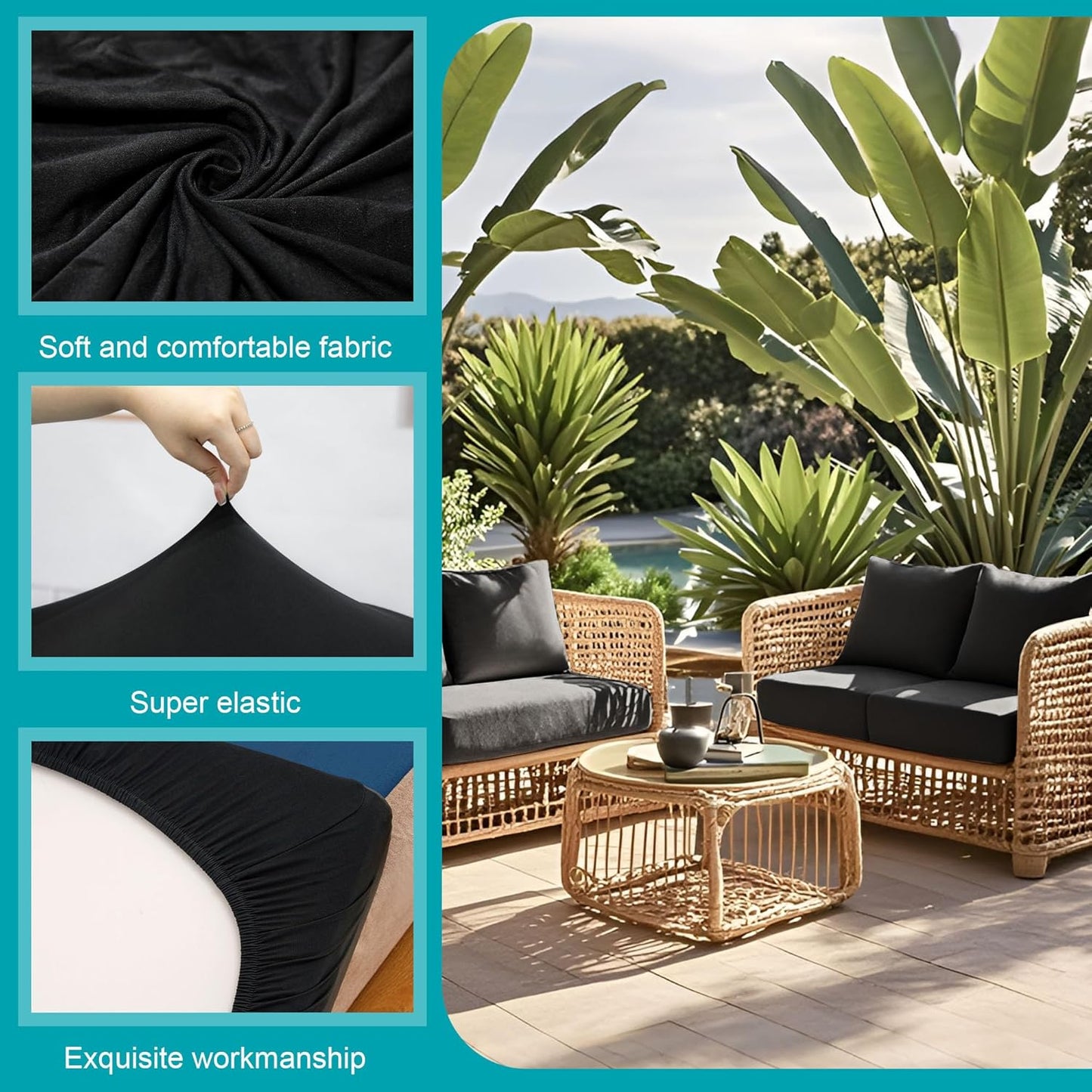 Skiennix 14 Pcs Stretch Patio Cushion Covers - Washable Outdoor Sofa Slipcovers | Black